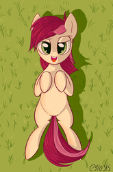 Size: 1264x1920 | Tagged: dead source, safe, artist:cylosis, roseluck, pony, g4, female, grass, looking at you, on back, solo