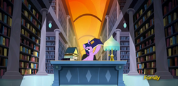 Size: 1336x651 | Tagged: safe, screencap, twilight sparkle, alicorn, pony, do princesses dream of magic sheep, g4, female, library, mare, that pony sure does love books, twilight sparkle (alicorn)