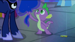 Size: 900x506 | Tagged: safe, screencap, princess luna, spike, alicorn, pony, do princesses dream of magic sheep, g4, animated, cute, discovery family logo, eyebrow wiggle, hair pulling, pulling, spikabetes, tugging