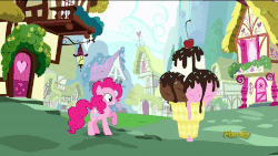 Size: 900x506 | Tagged: safe, screencap, carrot top, golden harvest, lemon hearts, linky, meadow song, minuette, pinkie pie, rainbowshine, shoeshine, earth pony, pegasus, pony, unicorn, do princesses dream of magic sheep, g4, animated, background pony, female, ice cream, ice cream cone, male, mare, ponyville, raised hoof, stallion, this will end in nightmares, this will not end well, well