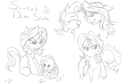 Size: 800x533 | Tagged: safe, artist:drizziedoodles, sunset shimmer, oc, oc:dim sum the dragon, dragon, pony, g4, baby dragon, female, filly, glasses, monochrome, younger