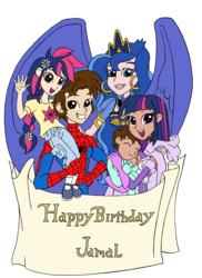 Size: 2538x3495 | Tagged: safe, artist:edcom02, artist:jmkplover, princess luna, twilight sparkle, oc, oc:ben parker sparkle, oc:mayday parker sparkle, human, spiders and magic: rise of spider-mane, equestria girls, g4, amethyst sorceress, crossover, crossover shipping, family, father and daughter, gift art, happy birthday, high res, humanized, humanized oc, male, mother and son, offspring, parent:peter parker, parent:twilight sparkle, parents:spidertwi, peter parker, shipping, simple background, spider-man, spiders and magic ii: eleven months, spiders and magic iii: days of friendship past, spiders and magic iv: the fall of spider-mane, spidertwi, transparent background
