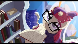 Size: 1920x1080 | Tagged: safe, artist:lunarcakez, moondancer, pony, unicorn, amending fences, g4, :t, book, bookmark, bookshelf, clothes, cute, dancerbetes, female, glasses, head tilt, looking at you, looking up, looking up at you, mare, messy mane, smiling, solo, sweater, twilight's canterlot home