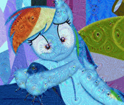 Size: 500x421 | Tagged: safe, edit, screencap, rainbow dash, do princesses dream of magic sheep, g4, acid trip, animated, bad trip, cocaine is a hell of a drug, deepdream, dither strobe, female, make it stop, nightmare, nightmare fuel, nightmare sunflower, only the dead can know peace from this evil, pure unfiltered evil, scared, sunflower, the power of luna compels you