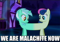 Size: 557x391 | Tagged: safe, edit, edited screencap, screencap, bon bon, lyra heartstrings, sweetie drops, earth pony, pony, unicorn, do princesses dream of magic sheep, g4, caption, conjoined, female, fusion, image macro, implied malachite, lesbian, lyrabon (fusion), mare, meme, pushmi-pullyu, ship:lyrabon, shipping, steven universe, unfortunate implications, we have become one