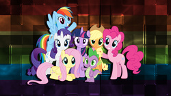 Size: 1920x1080 | Tagged: safe, artist:mactavish1996, artist:templarhappy, applejack, fluttershy, pinkie pie, rainbow dash, rarity, spike, twilight sparkle, alicorn, pony, g4, female, group photo, let the rainbow remind you, mane seven, mane six, mare, smiling, song, twilight sparkle (alicorn), vector, wallpaper