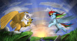 Size: 7352x3984 | Tagged: safe, artist:vinicius040598, gilda, rainbow dash, earth pony, griffon, pony, g4, claws, duo, river, stream, sunrise