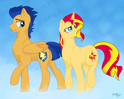 Size: 2500x2000 | Tagged: safe, artist:slim-shady, flash sentry, sunset shimmer, pony, unicorn, g4, awkward, female, high res, male, ship:flashimmer, shipping, straight, stroll