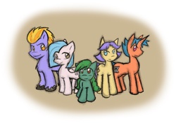 Size: 882x622 | Tagged: safe, artist:zutcha, oc, oc only, oc:cloudy skies (pap), oc:lonely day, oc:mystic rune, oc:olive garden, oc:whiplash (moriah), earth pony, pegasus, pony, unicorn, fanfic:the last pony on earth, ponies after people, broken horn, colored hooves, cutie mark, female, group, hooves, horn, illustration, male, mare, quintet, stallion, unshorn fetlocks, wings