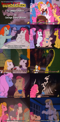 Size: 1702x3450 | Tagged: safe, artist:outofcontext-ponytales, edit, edited screencap, screencap, bon bon (g1), bright eyes, clover (g1), melody, patch (g1), squire (g1), starlight (g1), sweetheart, earth pony, ghost, ghost pony, pony, g1, my little pony tales, slumber party (episode), 7 pony friends, bipedal, duo, duo female, female, flashlight (object), ghost story, male, slumber party, soccer pony summaries, summary