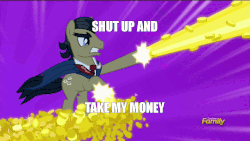 Size: 1024x576 | Tagged: safe, screencap, filthy rich, earth pony, pony, do princesses dream of magic sheep, g4, animated, dollar sign, futurama, image macro, loop, male, meme, shut up and take my money, stallion, super rich, the money warrior