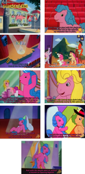 Size: 1702x3450 | Tagged: safe, artist:outofcontext-ponytales, screencap, bright eyes, clover (g1), dazzle, melody, patch (g1), starlight (g1), sweetheart, earth pony, pony, g1, my little pony tales, the play's the thing, bipedal, female, hat, hennin, princess, soccer pony summaries, summary, ye olde butcherede englishe