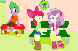 Size: 5608x3680 | Tagged: safe, artist:tagman007, apple bloom, spike, sweetie belle, equestria girls, g4, boots, human spike, shoes, snare trap, thought bubble, upside down