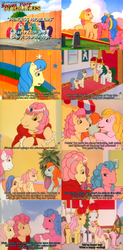 Size: 1314x2665 | Tagged: safe, artist:outofcontext-ponytales, screencap, bright eyes, king of the isle of pony, melody, patch (g1), queen of the isle of pony, rosy, starlight (g1), sweetheart, earth pony, pony, g1, my little pony tales, princess problems, dyed mane, female, soccer pony summaries, summary, unnamed character, unnamed pony