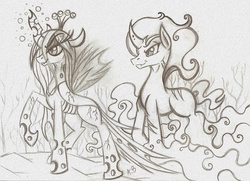 Size: 2294x1658 | Tagged: safe, artist:rossmaniteanzu, king sombra, queen chrysalis, changeling, changeling queen, pony, unicorn, g4, female, monochrome, traditional art