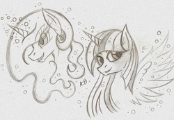 Size: 2303x1596 | Tagged: safe, artist:rossmaniteanzu, princess celestia, twilight sparkle, alicorn, pony, g4, female, mare, monochrome, sketch, traditional art, twilight sparkle (alicorn)