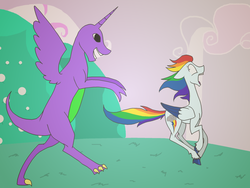 Size: 1024x768 | Tagged: safe, artist:canterlotroyalty, rainbow dash, alicorn, dinosaur, pegasus, pony, do princesses dream of magic sheep, g4, barney the dinosaur, oh no, species swap, this will end in tears, wat