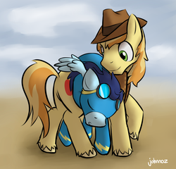 Size: 1298x1248 | Tagged: safe, artist:johnnoz, braeburn, soarin', earth pony, pegasus, pony, g4, butt, duo, duo male, gay, male, plot, ship:soarburn, shipping, signature, stallion