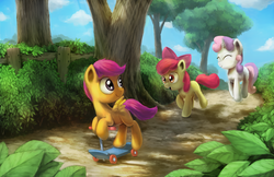 Size: 9000x5823 | Tagged: safe, artist:anticular, apple bloom, scootaloo, sweetie belle, earth pony, pegasus, pony, unicorn, g4, absurd resolution, bow, cutie mark crusaders, eyes closed, female, filly, hair bow, open mouth, pronking, scenery, scooter, smiling