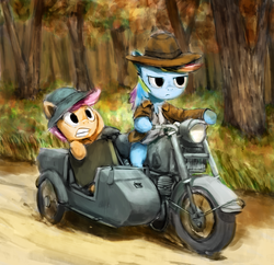Size: 6000x5799 | Tagged: safe, artist:anticular, rainbow dash, scootaloo, pegasus, pony, g4, absurd resolution, clothes, crossover, duo, duo female, fedora, female, filly, hat, indiana jones, kallisti, mare, motorcycle