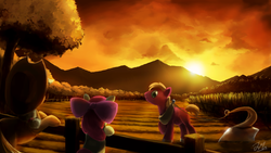 Size: 9000x5063 | Tagged: safe, artist:anticular, apple bloom, applejack, big macintosh, earth pony, pony, g4, absurd resolution, apple siblings, fence, field, leaning, male, plow, scenery, smiling, stallion, sunset, tree