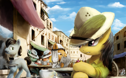 Size: 9000x5625 | Tagged: safe, artist:anticular, daring do, earth pony, pegasus, pony, g4, absurd resolution, arabic, bowtie, cafe, clothes, facial hair, female, glasses, hat, male, mare, moustache, newspaper, observer, sitting, stallion, table, town, waiter