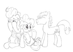 Size: 1400x1000 | Tagged: safe, artist:datspaniard, carrot cake, cup cake, pinkie pie, earth pony, pony, g4, blushing, diaper, diaper fetish, female, male, mare, monochrome, non-baby in diaper, poofy diaper, stallion