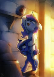 Size: 4677x6615 | Tagged: safe, artist:anticular, princess celestia, princess luna, alicorn, pony, ask sunshine and moonbeams, :p, absurd resolution, bipedal, cewestia, cookie jar, crown, cute, cutelestia, duo, duo female, female, filly, filly celestia, filly luna, floppy ears, frown, glare, jar, jewelry, lunabetes, one eye closed, reaching, regalia, shoulder ride, siblings, sisters, smiling, smirk, stool, teamwork, tongue out, wink, woona, younger
