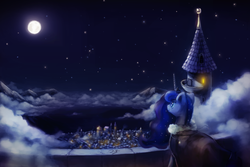 Size: 9000x6000 | Tagged: safe, artist:anticular, princess luna, alicorn, pony, g4, absurd resolution, canterlot, cloak, clothes, female, full moon, mare, moon, mountain, night, night sky, scenery, sky, smiling, solo, standing, starry night, winter