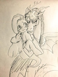 Size: 767x1024 | Tagged: safe, artist:huyun0, discord, fluttershy, g4, carrying, female, jealous, male, monochrome, ship:discoshy, shipping, sketch, straight, traditional art, yanderecord