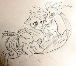 Size: 1024x896 | Tagged: safe, artist:huyun0, discord, fluttershy, g4, blushing, female, male, monochrome, ship:discoshy, shipping, sketch, straight, traditional art