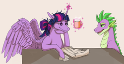 Size: 1261x656 | Tagged: safe, artist:zetapold, spike, twilight sparkle, alicorn, pony, g4, alternate hairstyle, female, mare, older, older spike, tea, twilight sparkle (alicorn)