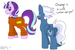 Size: 1530x1024 | Tagged: safe, artist:kaypxz, night glider, starlight glimmer, pegasus, pony, unicorn, g4, blushing, butt, clothes, female, jumpsuit, lesbian, plot, prison outfit, prisoner sg, ship:nightglimmer, shipping, starlight gets what's coming to her