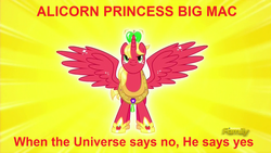 Size: 1882x1060 | Tagged: safe, edit, edited screencap, screencap, big macintosh, alicorn, pony, do princesses dream of magic sheep, g4, bigmacicorn, discovery family logo, image macro, male, meme, princess big mac, solo, stallion, text