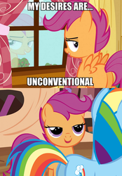 Size: 697x1000 | Tagged: safe, edit, edited screencap, screencap, rainbow dash, scootaloo, pegasus, pony, g4, bedroom eyes, butt, caption, female, fifty shades of grey, filly, foal, image macro, lesbian, mare, meme, movie reference, my desires are unconventional, plot, rainbutt dash, reference, scootabutt, screencap comic, ship:scootadash, shipping