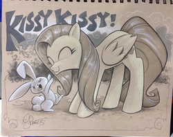 Size: 1024x809 | Tagged: safe, artist:andypriceart, angel bunny, fluttershy, g4, angel is a bunny bastard, angelbetes, cute, disgusted, duo, fluttermom, kissy face, monochrome, shyabetes, traditional art