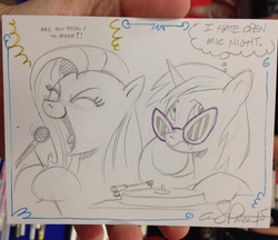 Size: 1024x886 | Tagged: safe, artist:andypriceart, dj pon-3, fluttershy, vinyl scratch, pegasus, pony, unicorn, g4, duo, microphone, quiet, record, regret, singing, traditional art, turntable, unamused, vinyl scratch is not amused