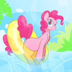 Size: 2000x2000 | Tagged: safe, artist:b-epon, pinkie pie, earth pony, pony, g4, cute, diapinkes, excited, female, floaty, high res, inflatable, inner tube, looking at you, mare, sitting, smiling, solo, summer, sunlight, swimming, swimming pool, water, wet