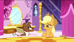 Size: 1920x1080 | Tagged: safe, screencap, applejack, winona, earth pony, pony, do princesses dream of magic sheep, g4, my little pony: friendship is magic, bags under eyes, duo, serious face, seriously, tired, tired of your shit