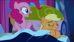 Size: 1920x1080 | Tagged: safe, screencap, applejack, pinkie pie, earth pony, pony, do princesses dream of magic sheep, g4, bed, duo, great moments in animation, in bed
