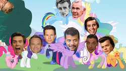 Size: 1024x576 | Tagged: safe, applejack, fluttershy, pinkie pie, princess cadance, princess celestia, princess luna, rainbow dash, rarity, twilight sparkle, alicorn, pony, g4, 1000 hours in gimp, 1000 hours in ms paint, 1000 years in photoshop, andy dick, andy dick hiding in the tree, conway twitty, craig ferguson, face change, james dean, jim carrey, johnny carson, mane six, mark wahlberg, marky mark, ms paint, neil degrasse tyson, neil patrick harris, photoshop, tom snyder, twilight sparkle (alicorn), wat, why