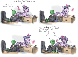 Size: 1280x939 | Tagged: safe, artist:king-kakapo, twilight sparkle, oc, oc:anon, human, pony, unicorn, g4, 4 panel comic, book, cereal, comic, computer, cute, dialogue, drawthread, duo, female, glowing horn, horn, levitation, lying, magic, male, man, mare, ponified, ponified comic, pun, requested art, sitting, talking, thinking, universal serial bus, usb