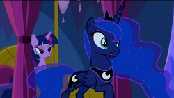 Size: 1920x1080 | Tagged: safe, screencap, princess luna, twilight sparkle, alicorn, pony, do princesses dream of magic sheep, g4, lidded eyes, reaction image, twilight sparkle (alicorn)