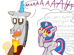 Size: 520x390 | Tagged: safe, artist:angeliccharizard, discord, twilight sparkle, g4, 1000 hours in ms paint, alternate eye color, body swap, doodle or die, eye swap, female, magic, male, mocking, ms paint, quizzaciously, rule 63, screaming, ship:discolight, shipping, shocked, straight