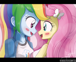 Size: 1227x1007 | Tagged: safe, artist:the-butch-x, fluttershy, rainbow dash, equestria girls, g4, blushing, clothes, cute, duo, female, lesbian, letterboxing, ship:flutterdash, shipping