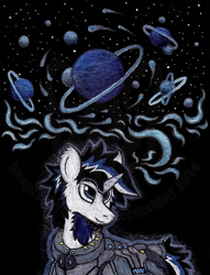 Size: 885x1160 | Tagged: safe, artist:inkbleederwolf, oc, oc only, oc:jacob star seeker, pony, unicorn, armor, astronaut, colored pencil drawing, magic, planet, science fiction, solo, space, spacesuit, stars, traditional art