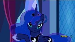 Size: 1920x1080 | Tagged: safe, screencap, princess luna, alicorn, pony, do princesses dream of magic sheep, g4, animation error, discovery family logo, looking at you