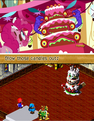 Size: 697x897 | Tagged: safe, pinkie pie, do princesses dream of magic sheep, g4, bowser, bundt, cake, comparison, geno, male, mario, monster, nintendo, square enix, super mario bros., super mario rpg