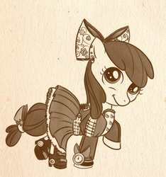 Size: 438x467 | Tagged: safe, artist:bunnimation, apple bloom, g4, clothes, dress, female, monochrome, solo, steampunk