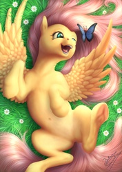 Size: 1860x2630 | Tagged: safe, artist:bluespaceling, fluttershy, butterfly, pegasus, pony, g4, behaving like a dog, belly, belly button, cute, detailed, featureless crotch, female, flutterdog, grass, happy, mare, on back, shyabetes, solo, underhoof